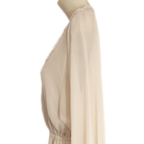 Ing Dress Sheer Overlay And Faux Pearl Strands Collar Long Sleeve Cream Size L - Picture 10 of 15